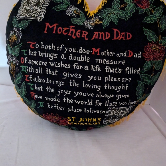 VTG St John's Newfoundland black velvet souvenir heart pillow fringe Japan - Picture 2 of 9